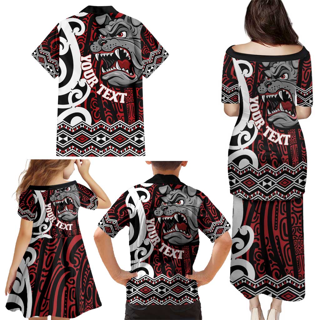 Personalised Aotearoa Bulldog Family Matching Puletasi and Hawaiian Shirt New Zealand Maori Taniko Art