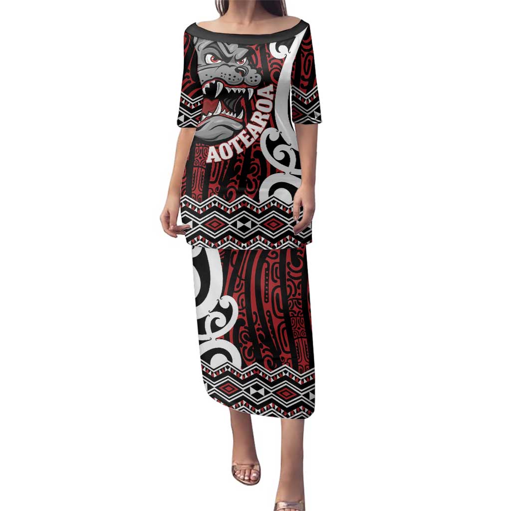 Personalised Aotearoa Bulldog Family Matching Puletasi and Hawaiian Shirt New Zealand Maori Taniko Art