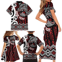 Personalised Aotearoa Bulldog Family Matching Short Sleeve Bodycon Dress and Hawaiian Shirt New Zealand Maori Taniko Art