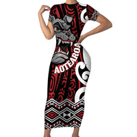 Personalised Aotearoa Bulldog Family Matching Short Sleeve Bodycon Dress and Hawaiian Shirt New Zealand Maori Taniko Art