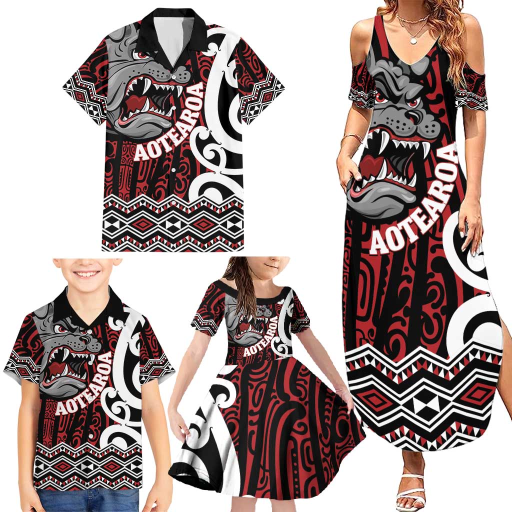 Personalised Aotearoa Bulldog Family Matching Summer Maxi Dress and Hawaiian Shirt New Zealand Maori Taniko Art