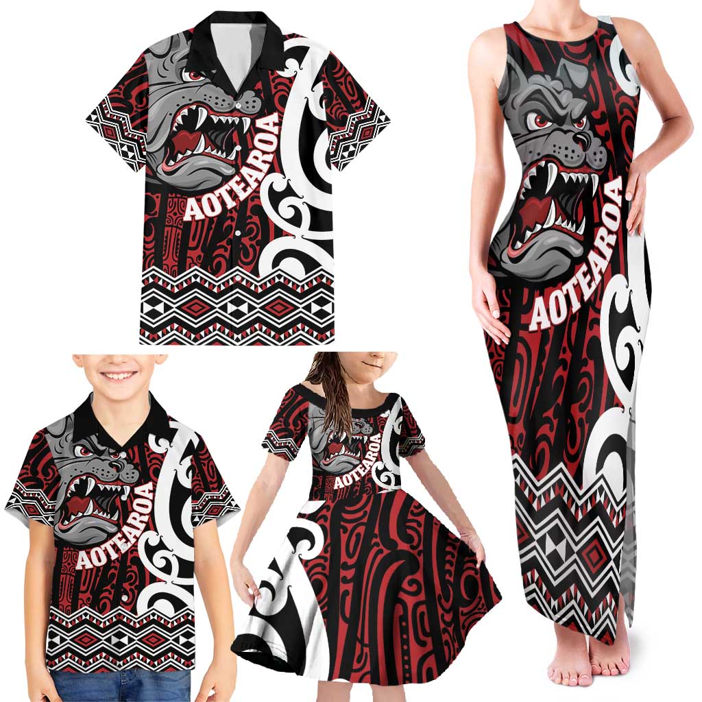 Personalised Aotearoa Bulldog Family Matching Tank Maxi Dress and Hawaiian Shirt New Zealand Maori Taniko Art