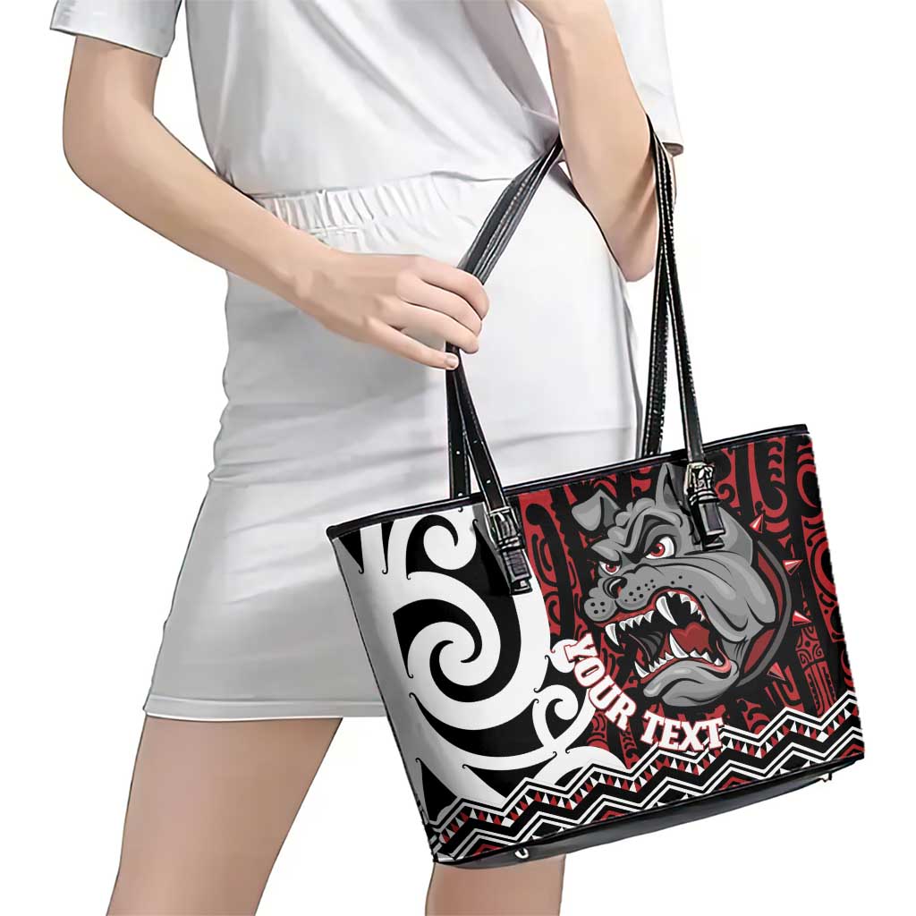 Personalised Aotearoa Bulldog Leather Tote Bag New Zealand Maori Taniko Art