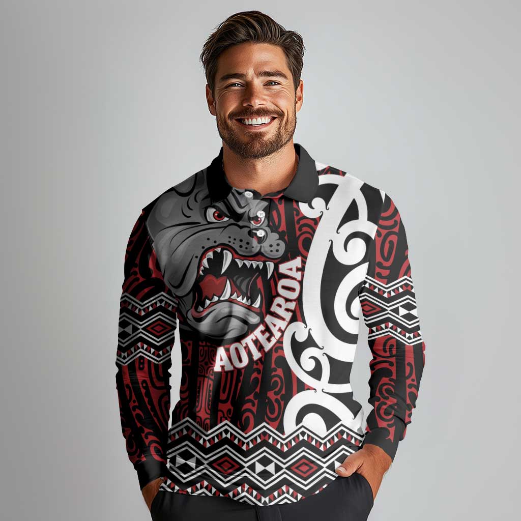 Personalised Aotearoa Bulldog Long Sleeve Polo Shirt New Zealand Maori Taniko Art