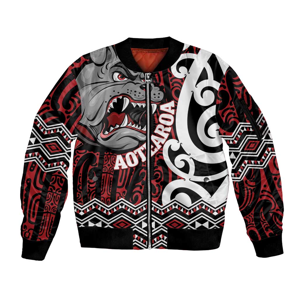 Personalised Aotearoa Bulldog Sleeve Zip Bomber Jacket New Zealand Maori Taniko Art