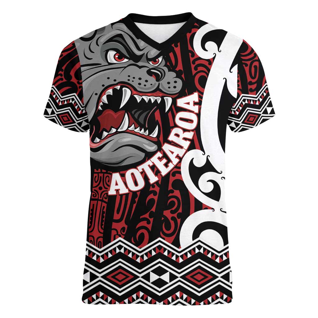 Personalised Aotearoa Bulldog Women V-Neck T-Shirt New Zealand Maori Taniko Art