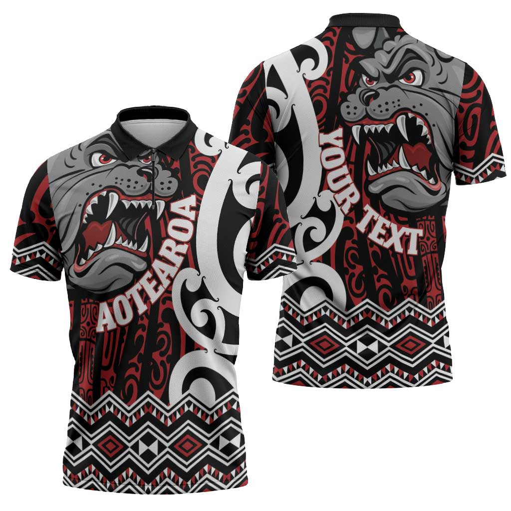 Personalised Aotearoa Bulldog Zipper Polo Shirt New Zealand Maori Taniko Art - Polynesian Pride
