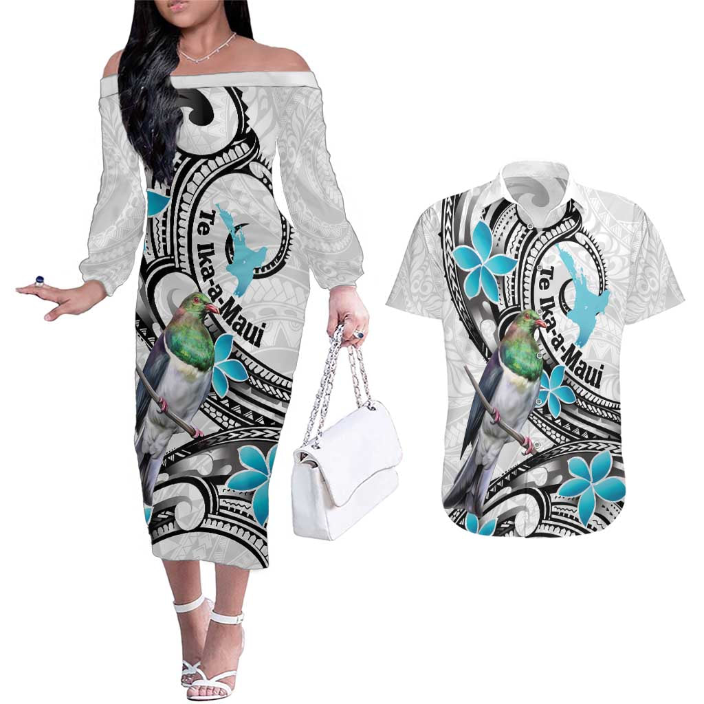 Aotearoa Te Ika-a-Maui Couples Matching Off The Shoulder Long Sleeve Dress and Hawaiian Shirt South Island Kekeru Maori Koru LT14 White - Polynesian Pride