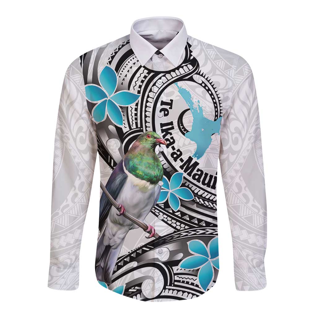 Aotearoa Te Ika-a-Maui Long Sleeve Button Shirt South Island Kekeru Maori Koru LT14 Unisex White - Polynesian Pride