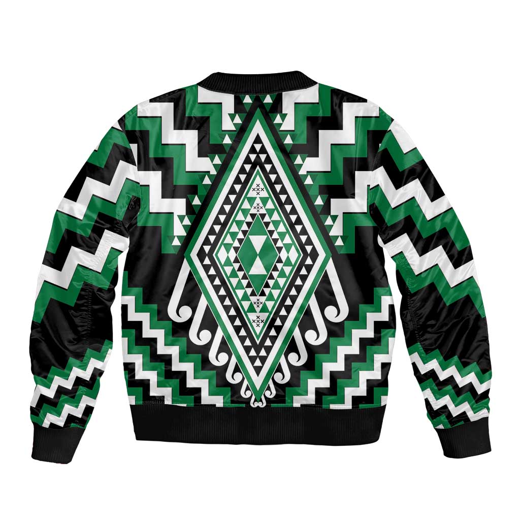 Green Aotearoa Taniko Poutama Patikitiki Bomber Jacket