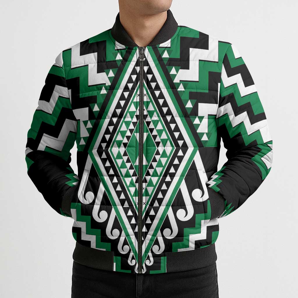 Green New Zealand Taniko Poutama Patikitiki Bomber Puffer Jacket - Polynesian Pride
