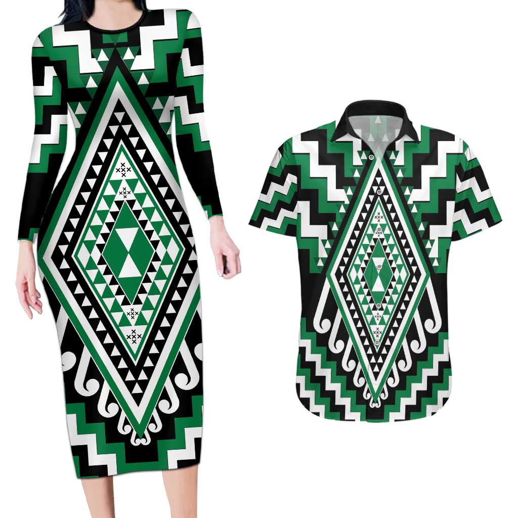 Green Aotearoa Taniko Poutama Patikitiki Couples Matching Long Sleeve Bodycon Dress and Hawaiian Shirt LT14 Green - Polynesian Pride