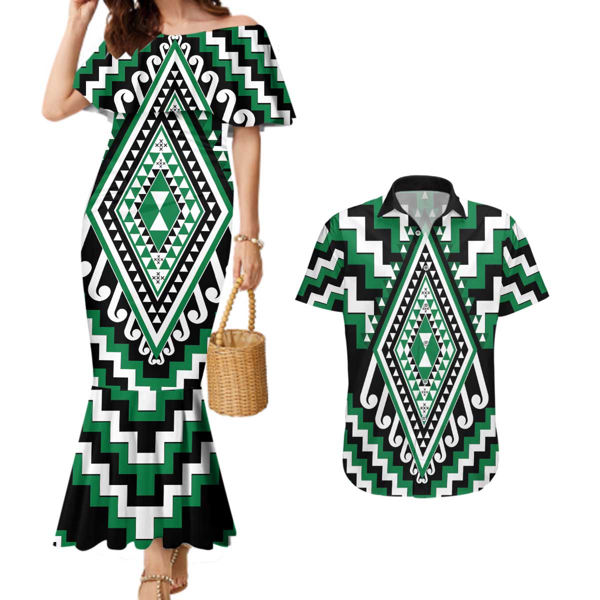 Green Aotearoa Taniko Poutama Patikitiki Couples Matching Mermaid Dress and Hawaiian Shirt LT14 Green - Polynesian Pride