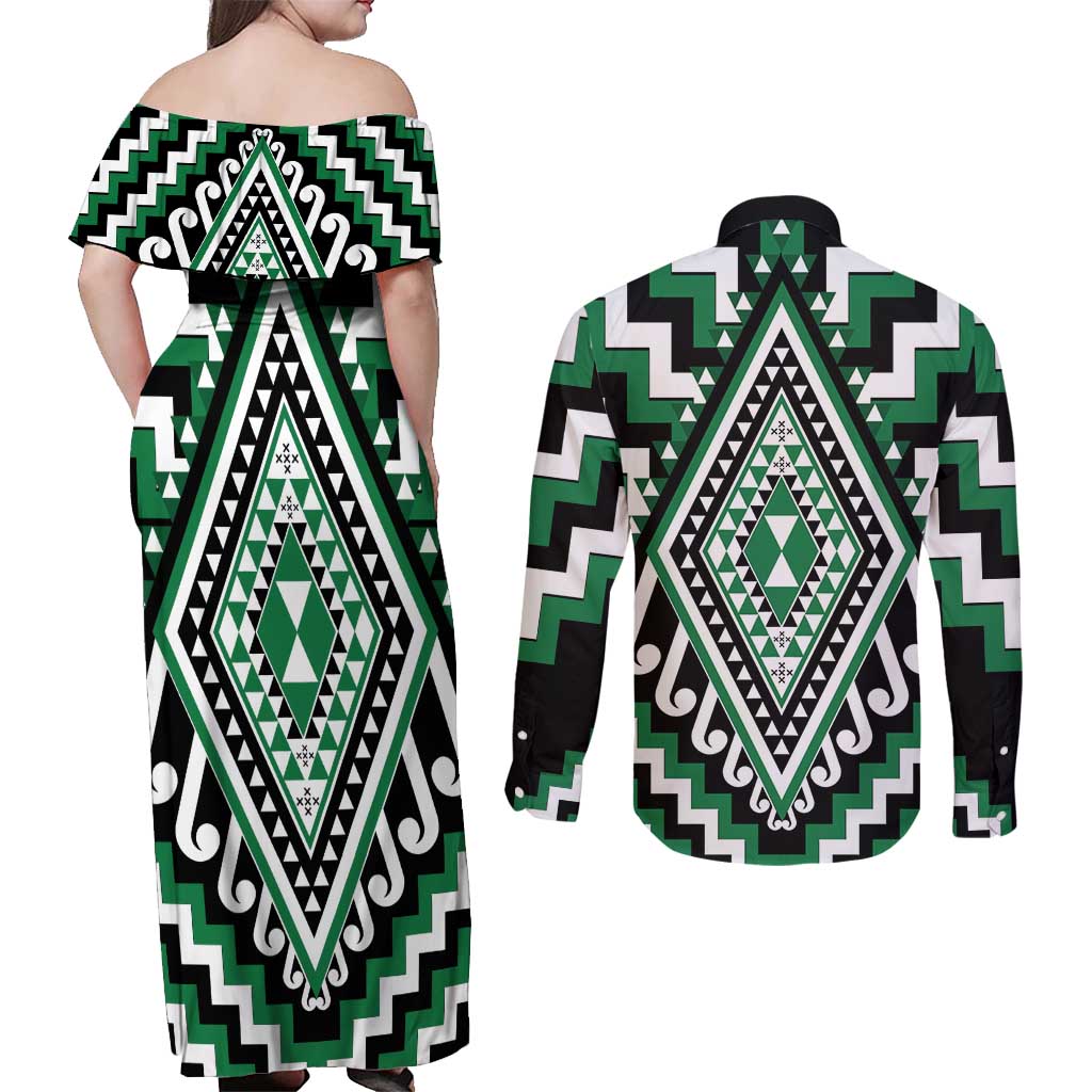 Green Aotearoa Taniko Poutama Patikitiki Couples Matching Off Shoulder Maxi Dress and Long Sleeve Button Shirt