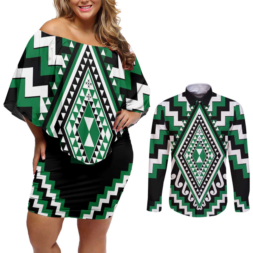Green Aotearoa Taniko Poutama Patikitiki Couples Matching Off Shoulder Short Dress and Long Sleeve Button Shirt LT14 Green - Polynesian Pride