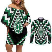Green Aotearoa Taniko Poutama Patikitiki Couples Matching Off Shoulder Short Dress and Long Sleeve Button Shirt LT14 Green - Polynesian Pride
