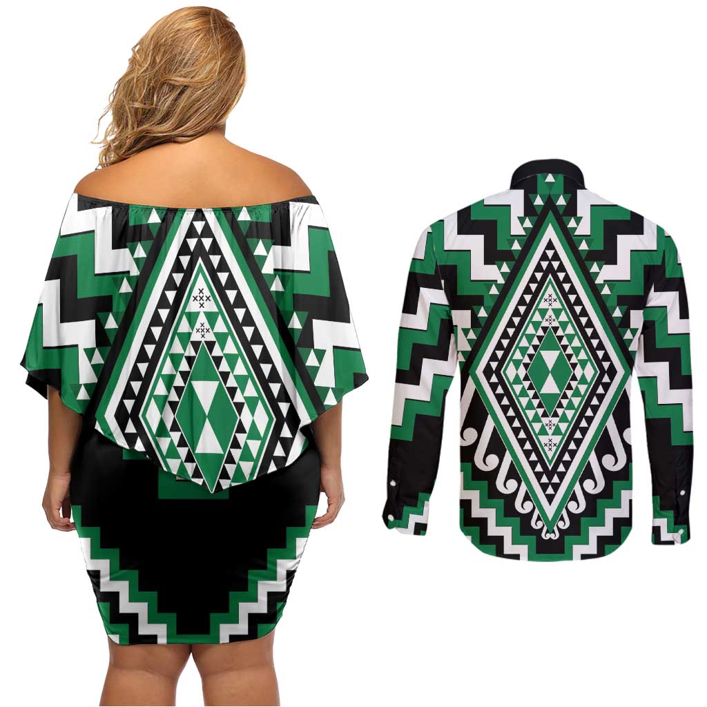 Green Aotearoa Taniko Poutama Patikitiki Couples Matching Off Shoulder Short Dress and Long Sleeve Button Shirt LT14 - Polynesian Pride