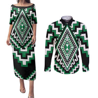Green Aotearoa Taniko Poutama Patikitiki Couples Matching Puletasi and Long Sleeve Button Shirt LT14 Green - Polynesian Pride