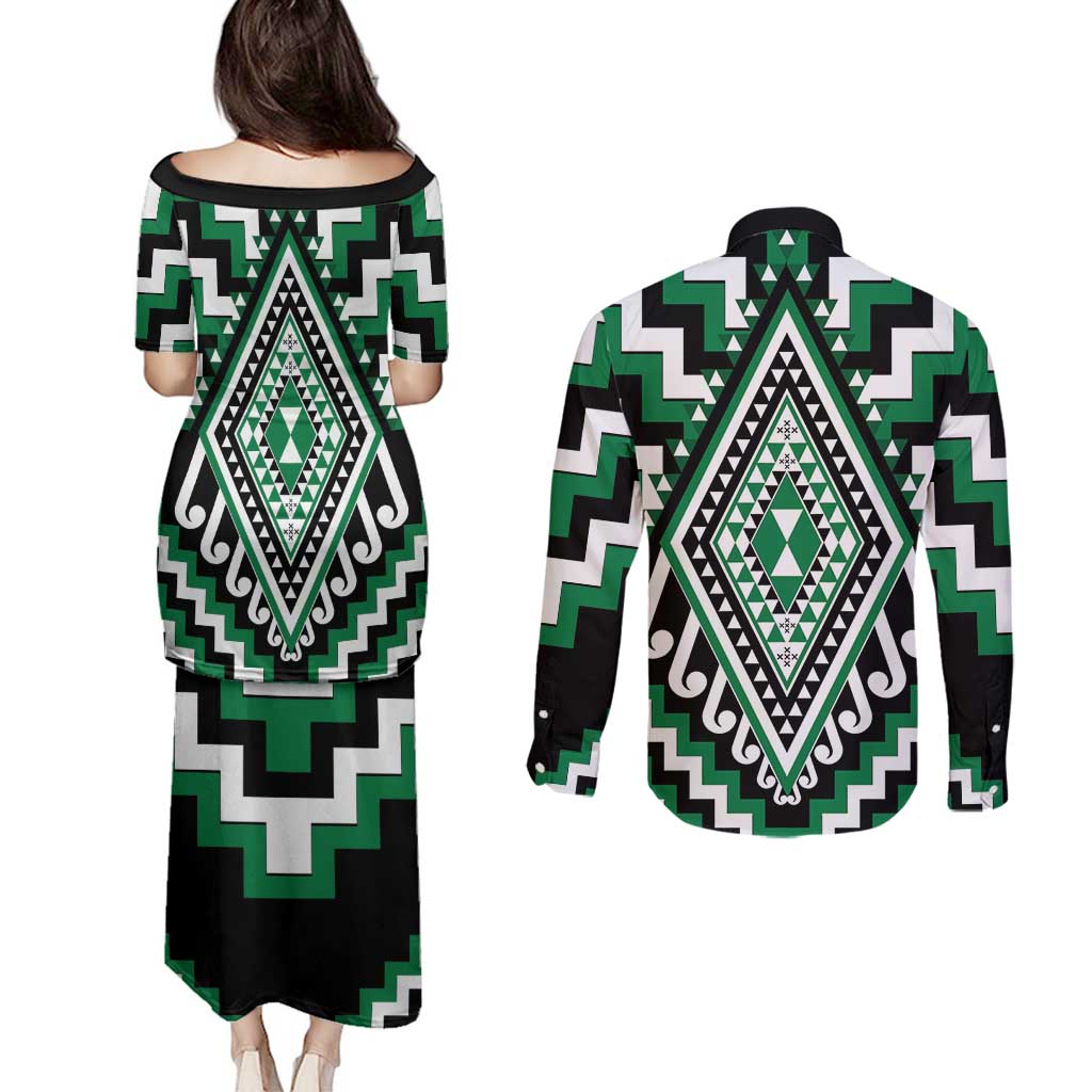 Green Aotearoa Taniko Poutama Patikitiki Couples Matching Puletasi and Long Sleeve Button Shirt LT14 - Polynesian Pride