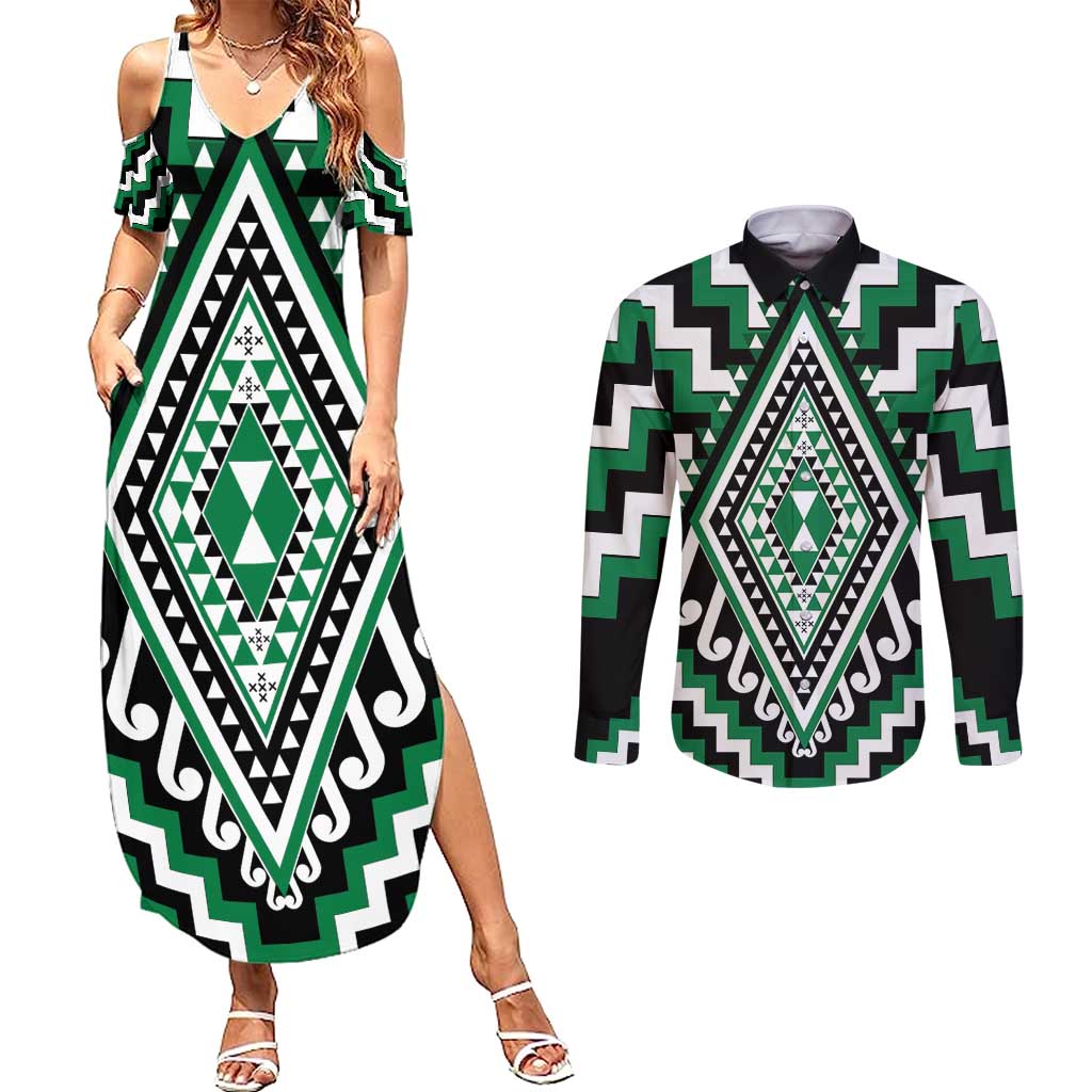 Green Aotearoa Taniko Poutama Patikitiki Couples Matching Summer Maxi Dress and Long Sleeve Button Shirt LT14 Green - Polynesian Pride