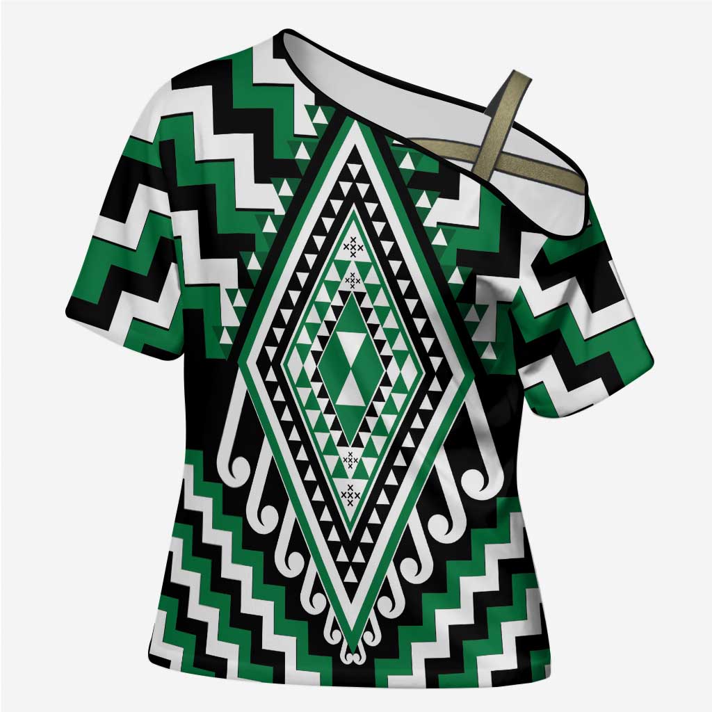Green New Zealand Taniko Poutama Patikitiki Cross Shoulder Shirt - Polynesian Pride
