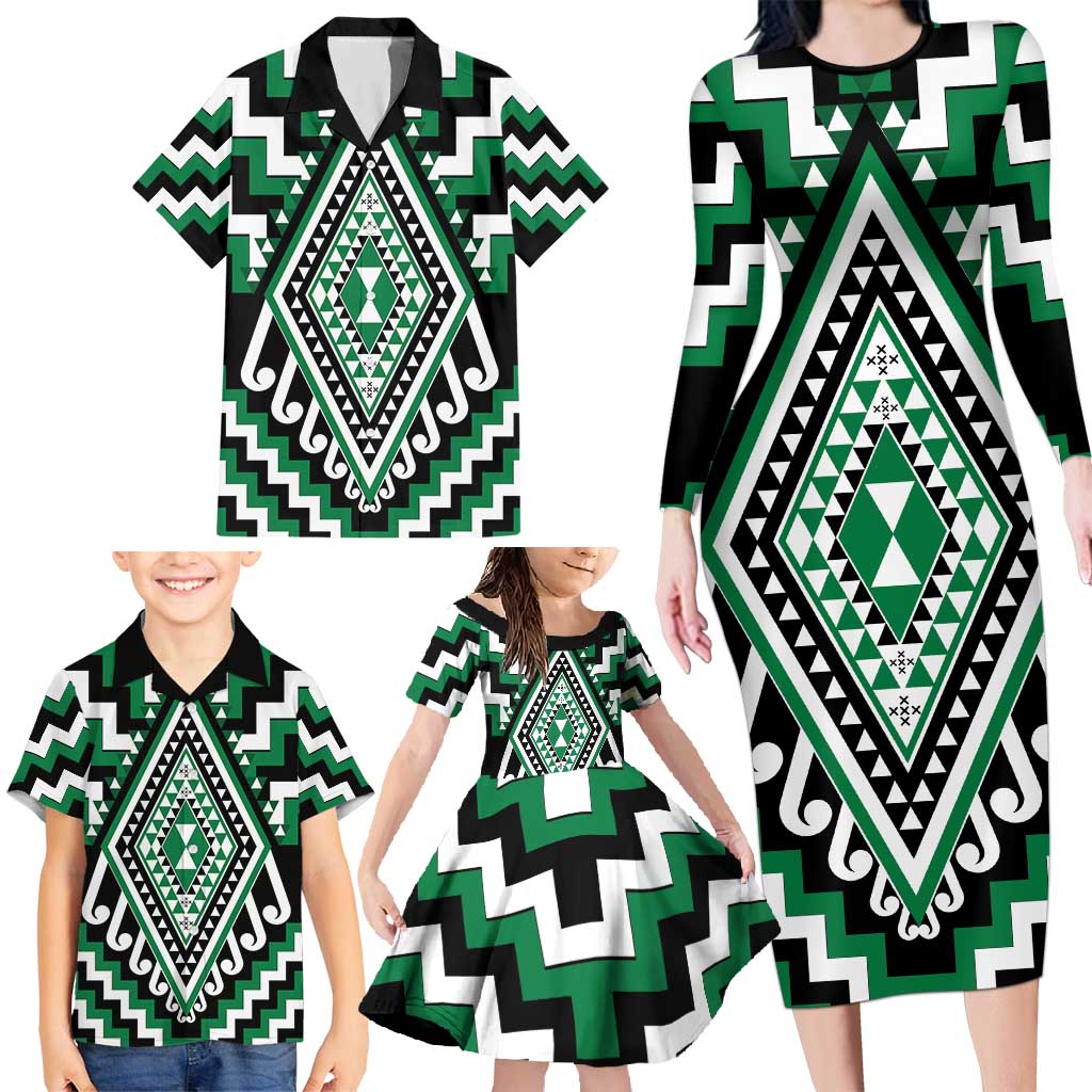 Green Aotearoa Taniko Poutama Patikitiki Family Matching Long Sleeve Bodycon Dress and Hawaiian Shirt
