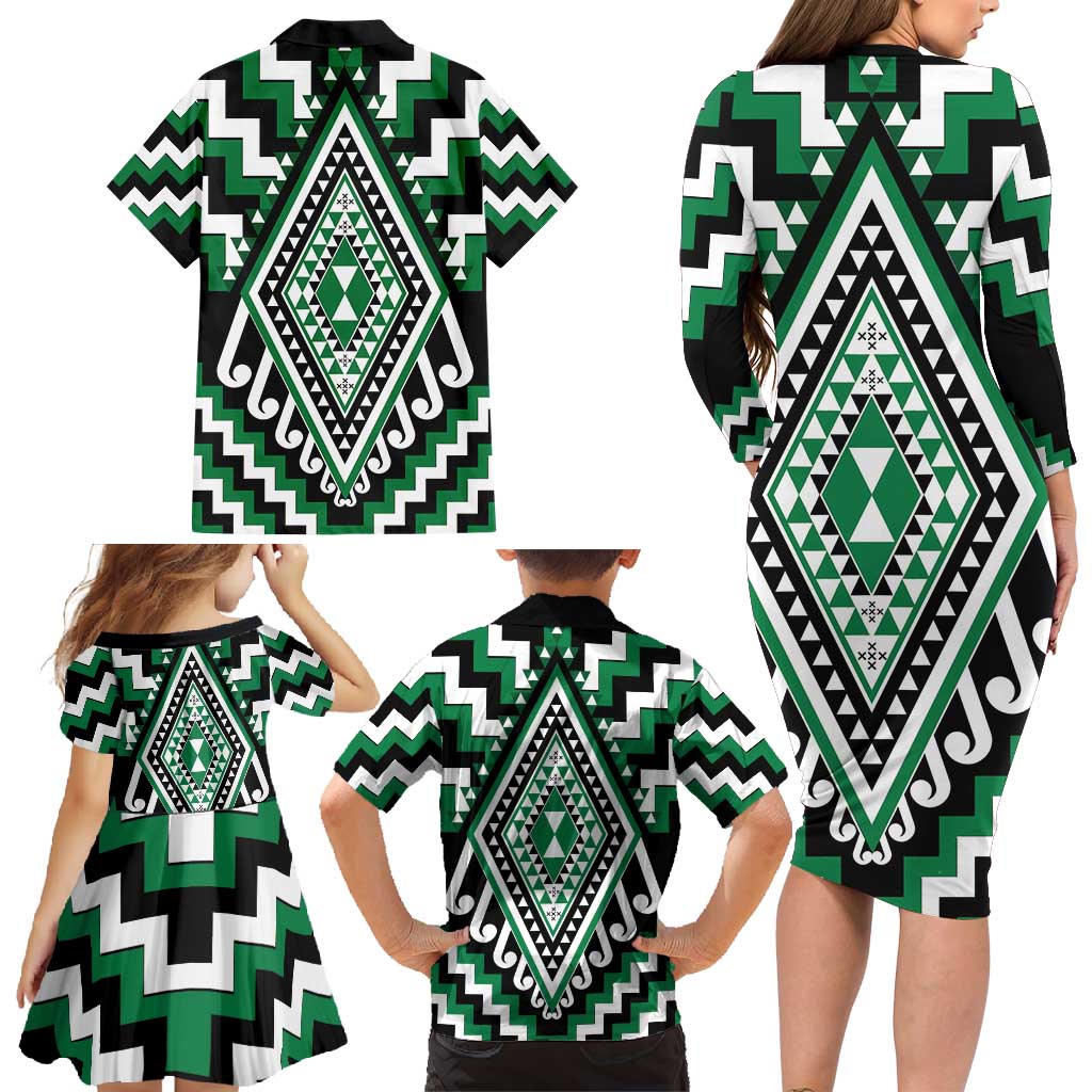 Green Aotearoa Taniko Poutama Patikitiki Family Matching Long Sleeve Bodycon Dress and Hawaiian Shirt