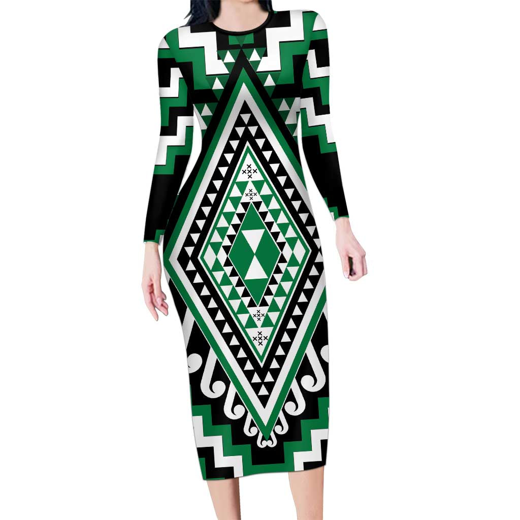 Green Aotearoa Taniko Poutama Patikitiki Family Matching Long Sleeve Bodycon Dress and Hawaiian Shirt
