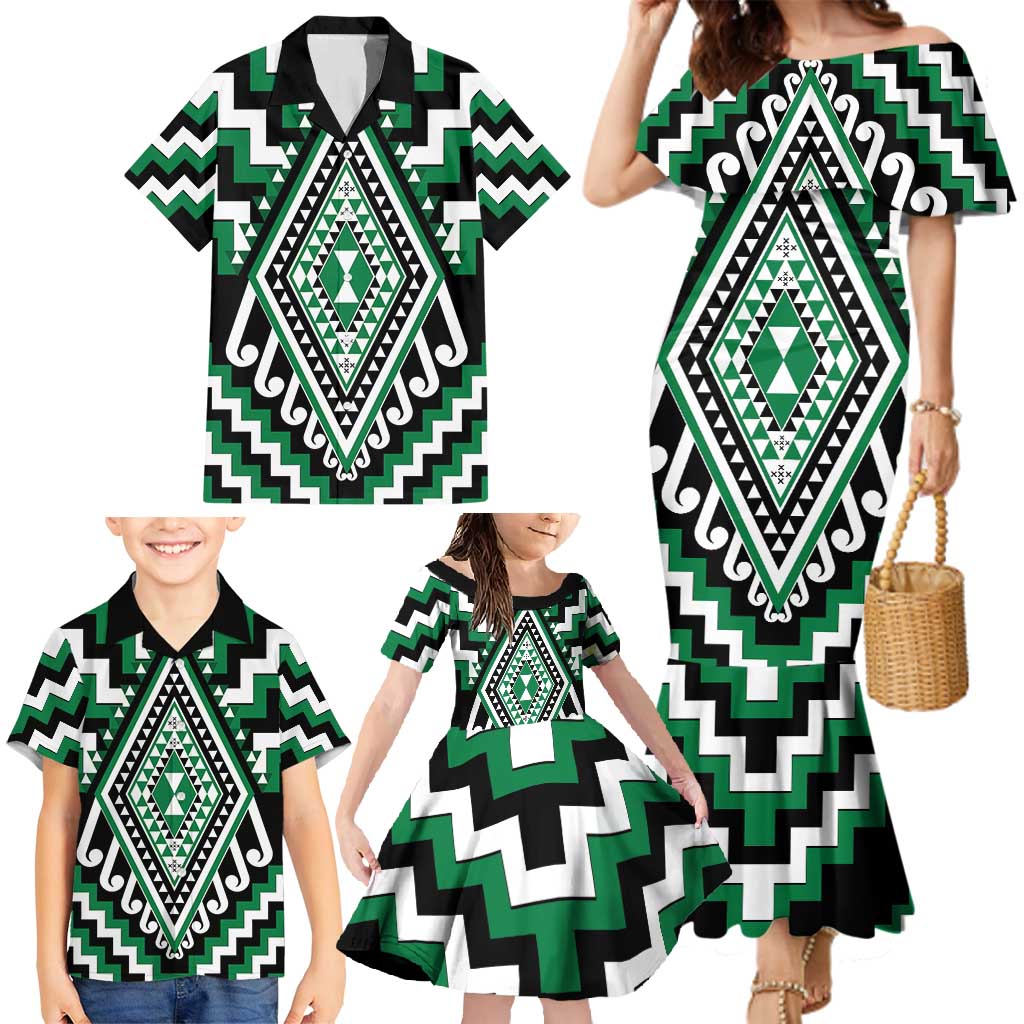 Green Aotearoa Taniko Poutama Patikitiki Family Matching Mermaid Dress and Hawaiian Shirt
