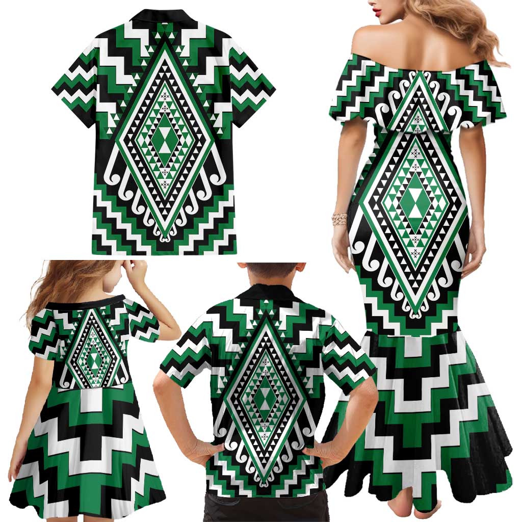 Green Aotearoa Taniko Poutama Patikitiki Family Matching Mermaid Dress and Hawaiian Shirt