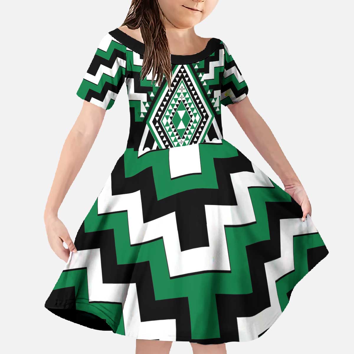 Green Aotearoa Taniko Poutama Patikitiki Family Matching Off The Shoulder Long Sleeve Dress and Hawaiian Shirt