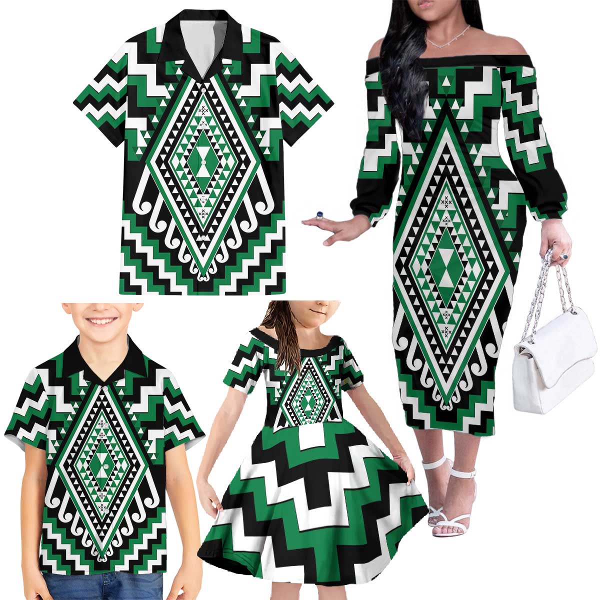 Green Aotearoa Taniko Poutama Patikitiki Family Matching Off The Shoulder Long Sleeve Dress and Hawaiian Shirt