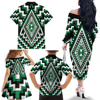Green Aotearoa Taniko Poutama Patikitiki Family Matching Off The Shoulder Long Sleeve Dress and Hawaiian Shirt