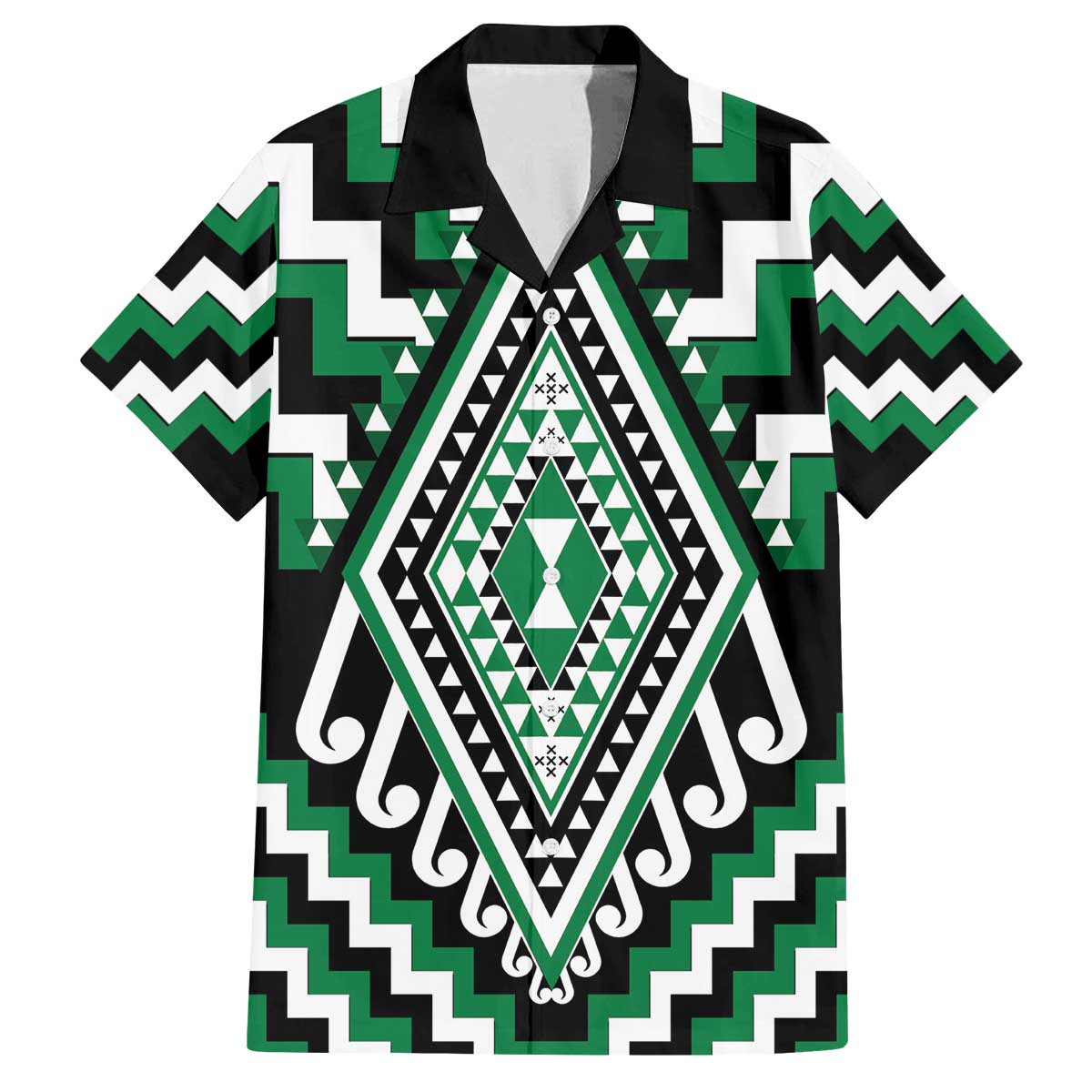 Green Aotearoa Taniko Poutama Patikitiki Family Matching Off The Shoulder Long Sleeve Dress and Hawaiian Shirt