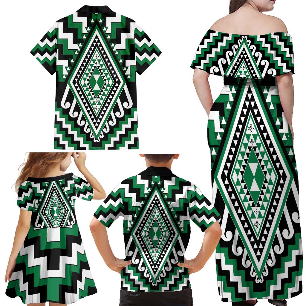 Green Aotearoa Taniko Poutama Patikitiki Family Matching Off Shoulder Maxi Dress and Hawaiian Shirt