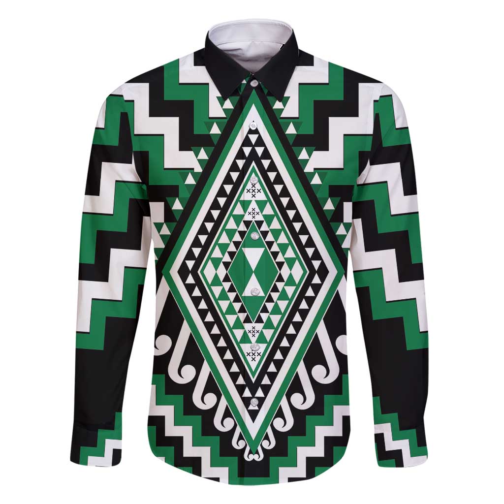 Green Aotearoa Taniko Poutama Patikitiki Family Matching Off Shoulder Maxi Dress and Hawaiian Shirt