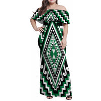 Green Aotearoa Taniko Poutama Patikitiki Family Matching Off Shoulder Maxi Dress and Hawaiian Shirt