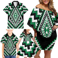 Green Aotearoa Taniko Poutama Patikitiki Family Matching Off Shoulder Short Dress and Hawaiian Shirt