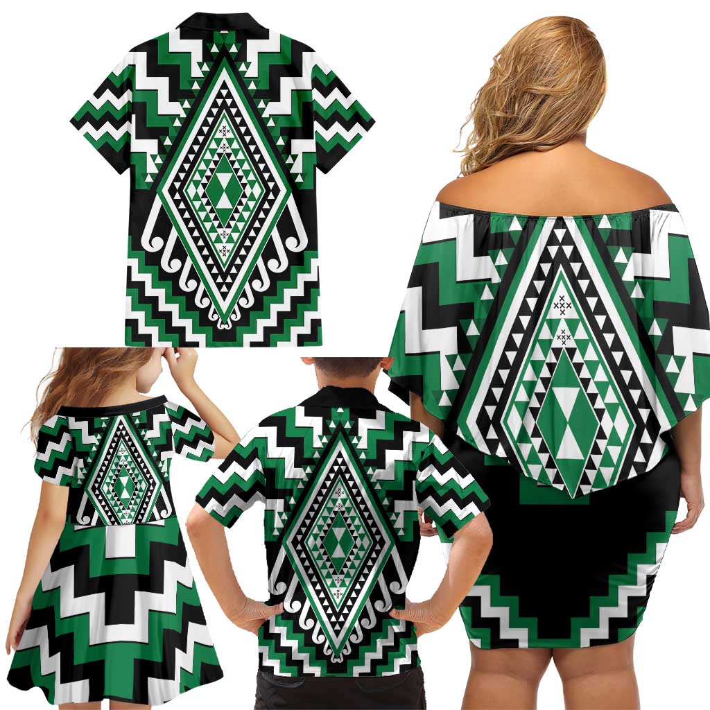 Green Aotearoa Taniko Poutama Patikitiki Family Matching Off Shoulder Short Dress and Hawaiian Shirt