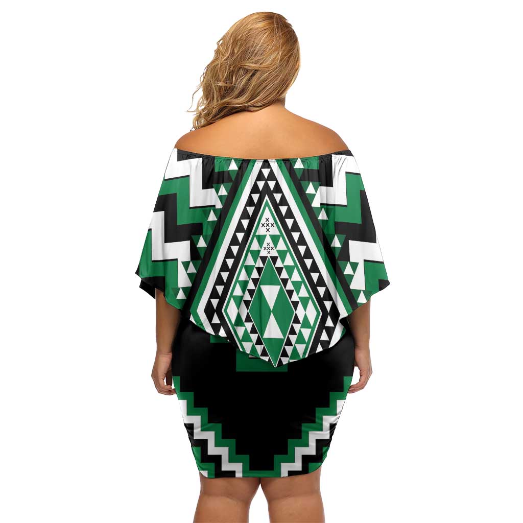 Green Aotearoa Taniko Poutama Patikitiki Family Matching Off Shoulder Short Dress and Hawaiian Shirt