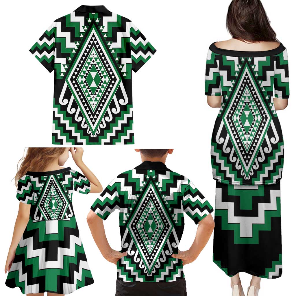 Green Aotearoa Taniko Poutama Patikitiki Family Matching Puletasi and Hawaiian Shirt
