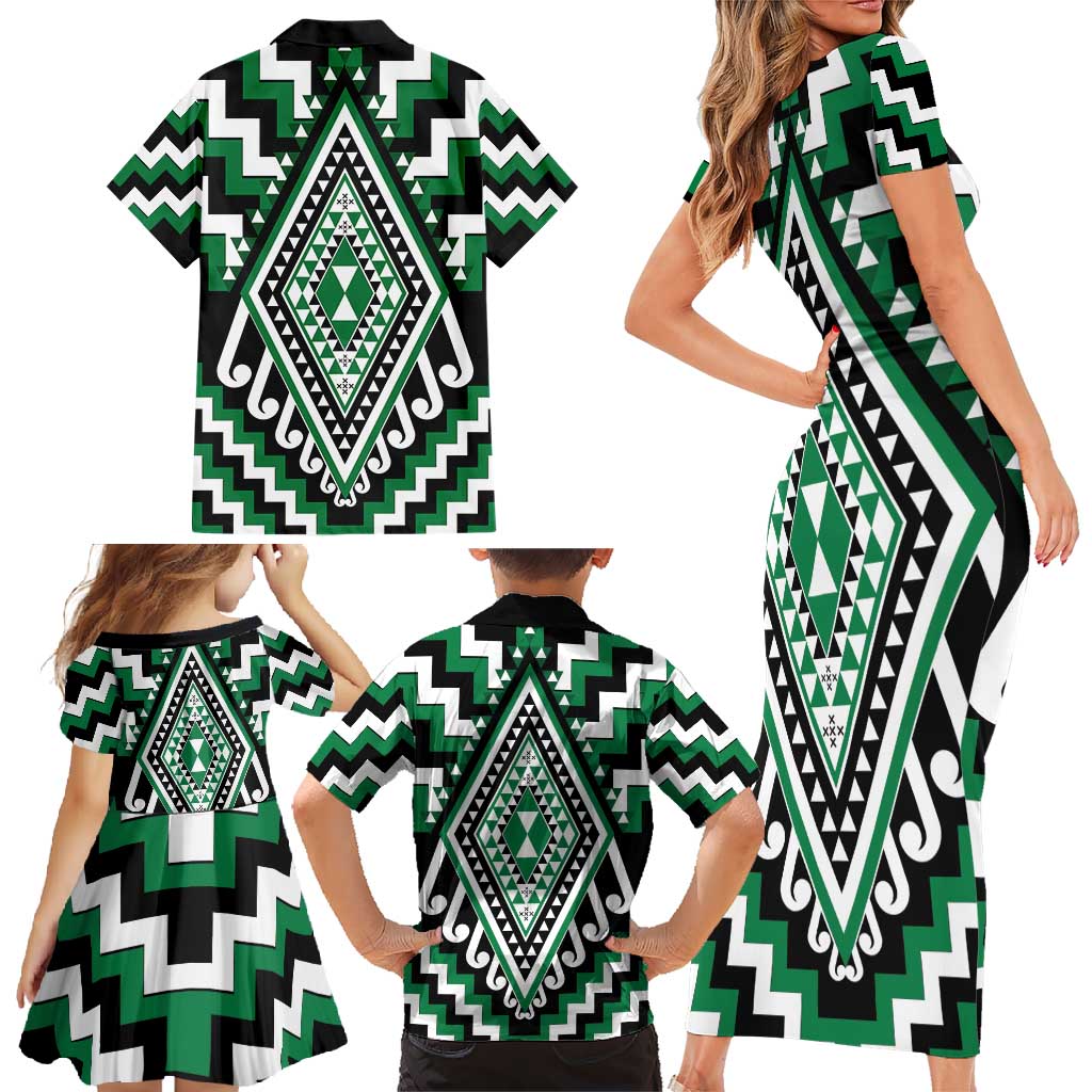 Green Aotearoa Taniko Poutama Patikitiki Family Matching Short Sleeve Bodycon Dress and Hawaiian Shirt