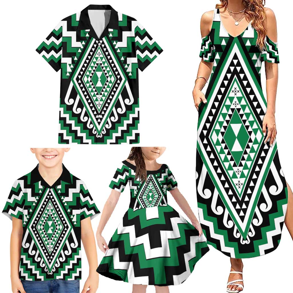 Green Aotearoa Taniko Poutama Patikitiki Family Matching Summer Maxi Dress and Hawaiian Shirt