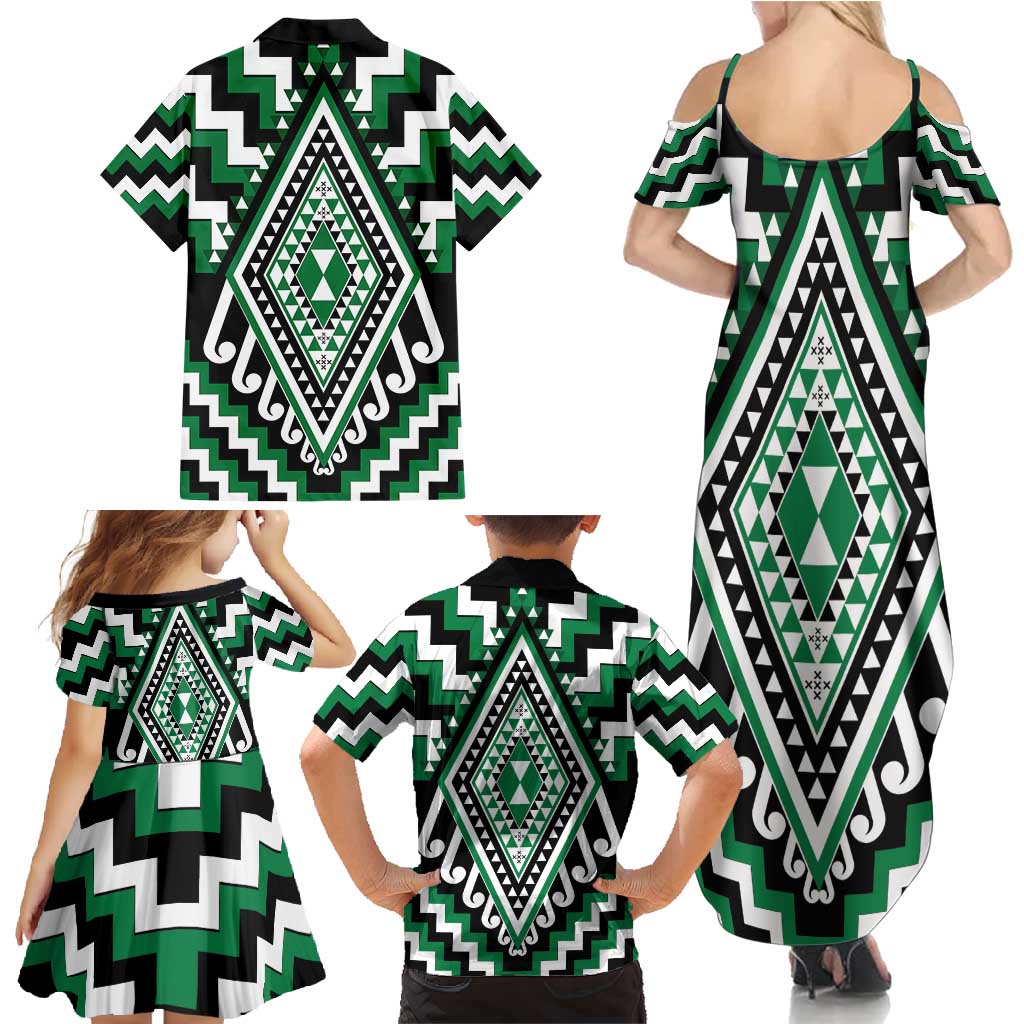 Green Aotearoa Taniko Poutama Patikitiki Family Matching Summer Maxi Dress and Hawaiian Shirt