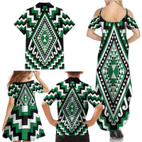Green Aotearoa Taniko Poutama Patikitiki Family Matching Summer Maxi Dress and Hawaiian Shirt