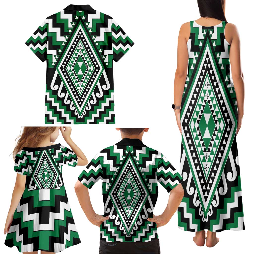 Green Aotearoa Taniko Poutama Patikitiki Family Matching Tank Maxi Dress and Hawaiian Shirt