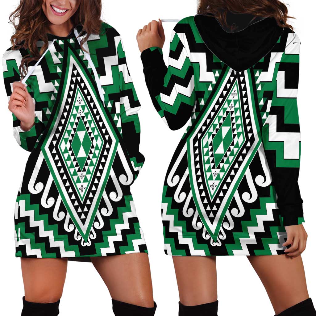 Green Aotearoa Taniko Poutama Patikitiki Hoodie Dress LT14 - Polynesian Pride