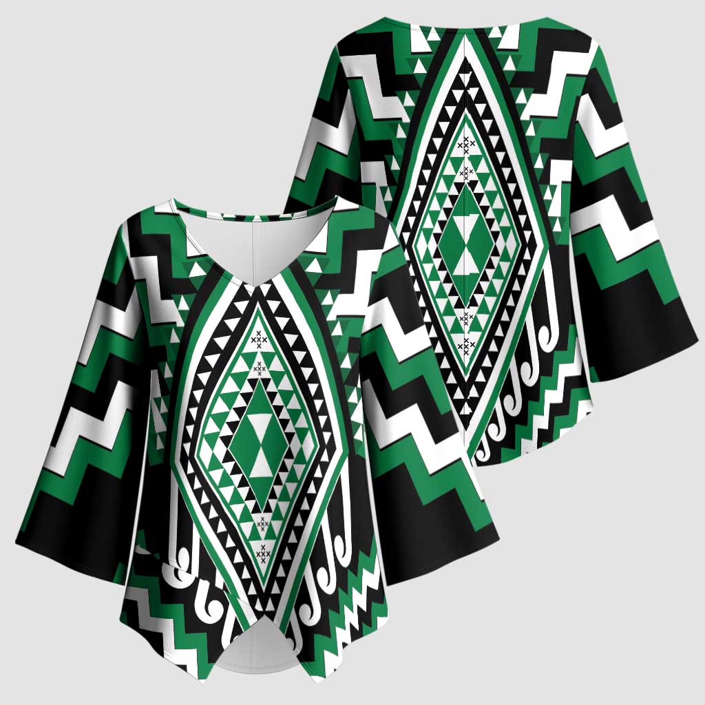 Green New Zealand Taniko Poutama Patikitiki Kimono Sleeve Blouse - Polynesian Pride