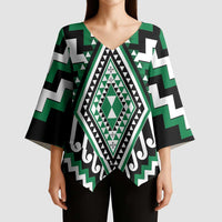 Green New Zealand Taniko Poutama Patikitiki Kimono Sleeve Blouse - Polynesian Pride