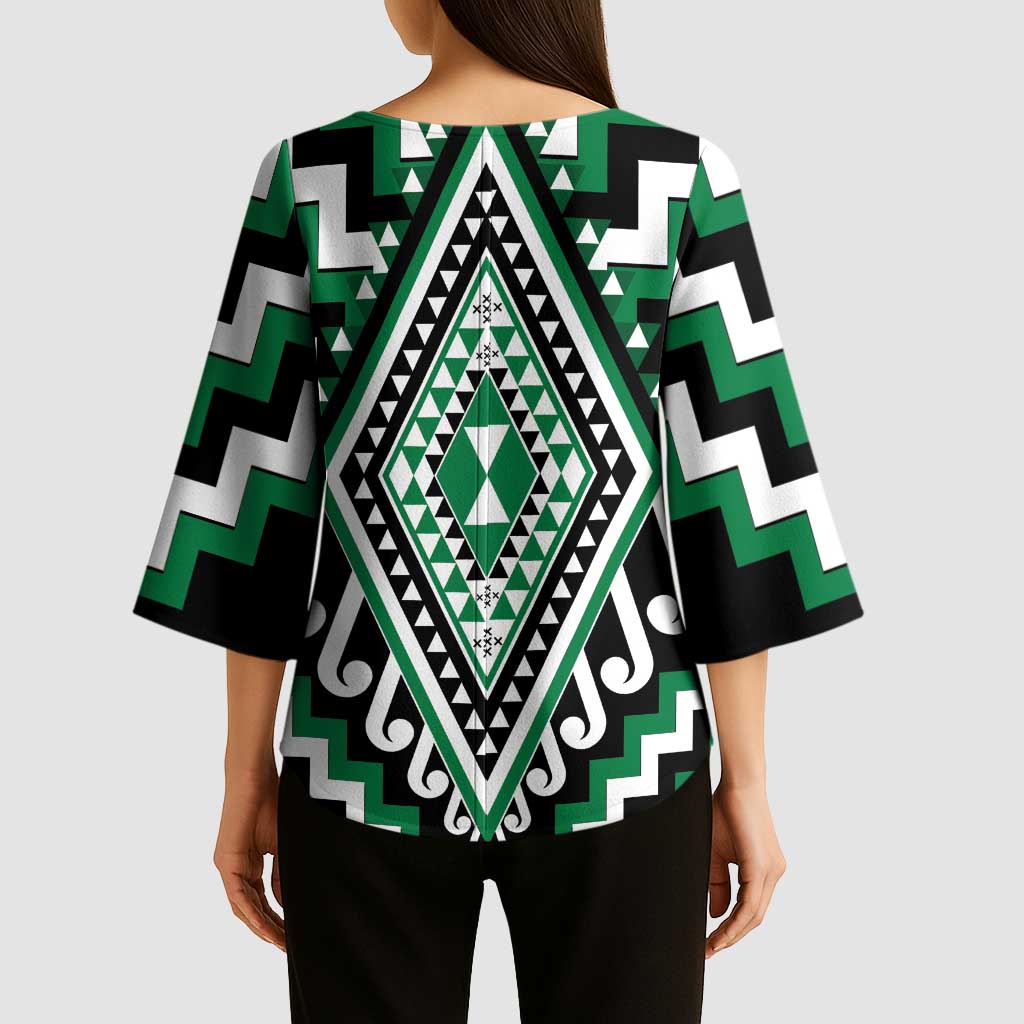 Green New Zealand Taniko Poutama Patikitiki Kimono Sleeve Blouse - Polynesian Pride